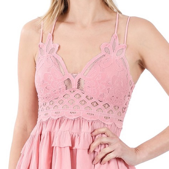 MED Pink Peplum Top Lace Tiered Ruffle Cami Bra - Picture 2 of 7